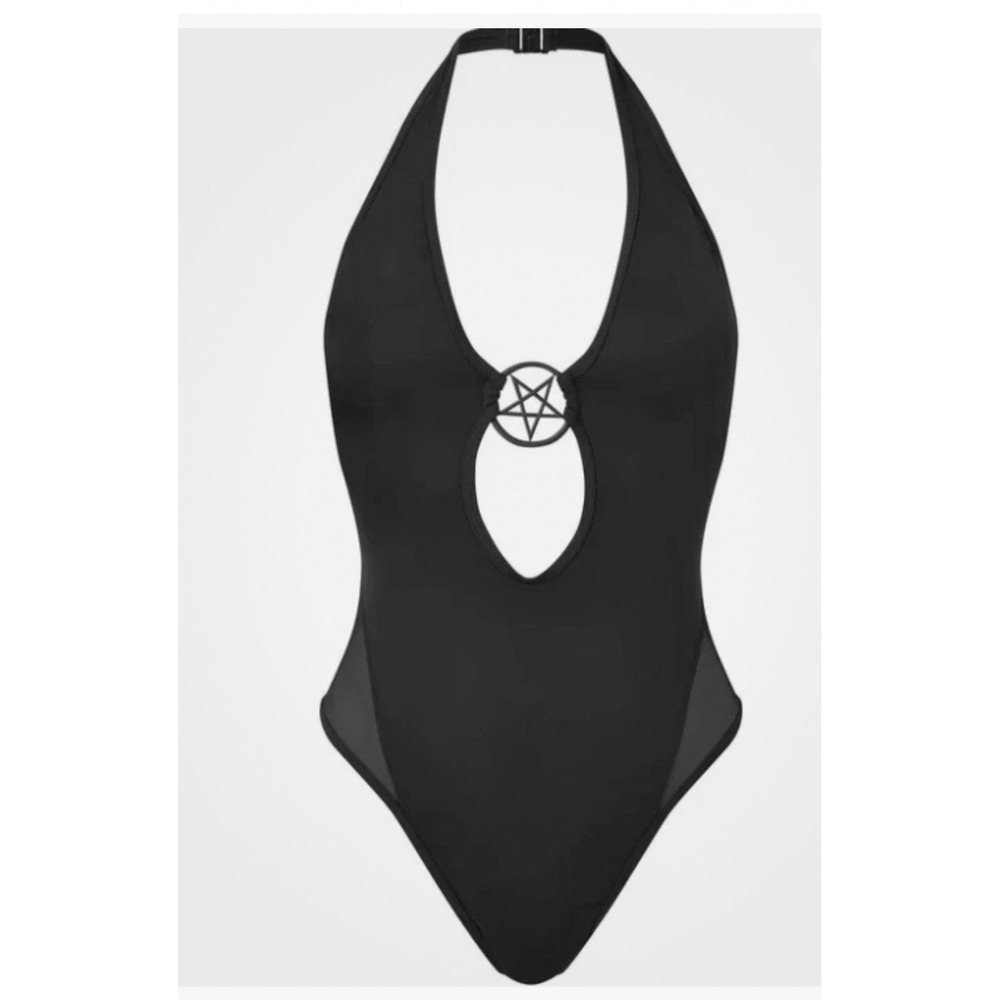 Killstar Dark Lyfe Swimsuit Black‎ Pentagram Halter One Piece Mesh KSRA005330L L - Picture 2 of 4